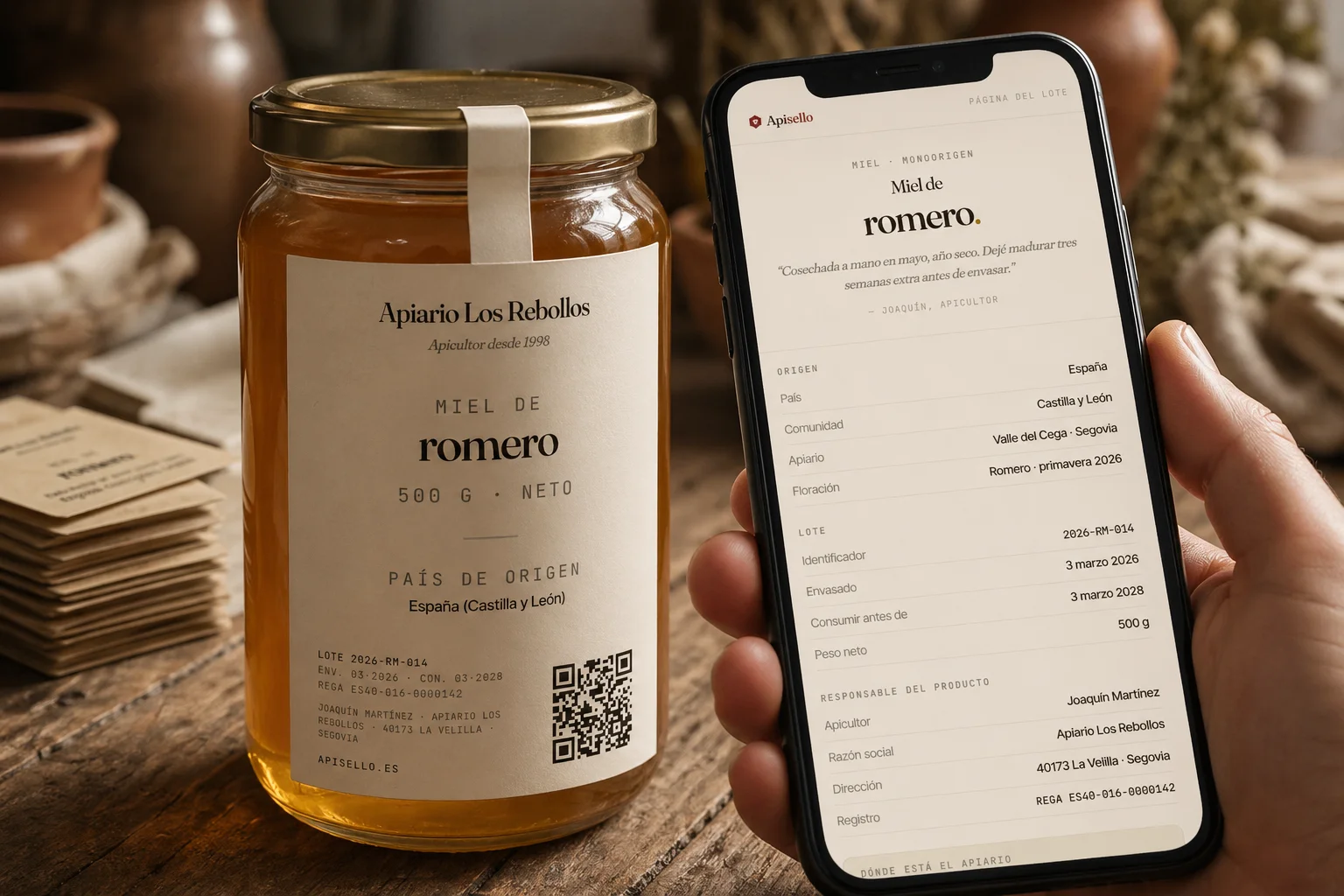Apicultor escaneando con el móvil el QR de un bote de miel etiquetado con Apisello